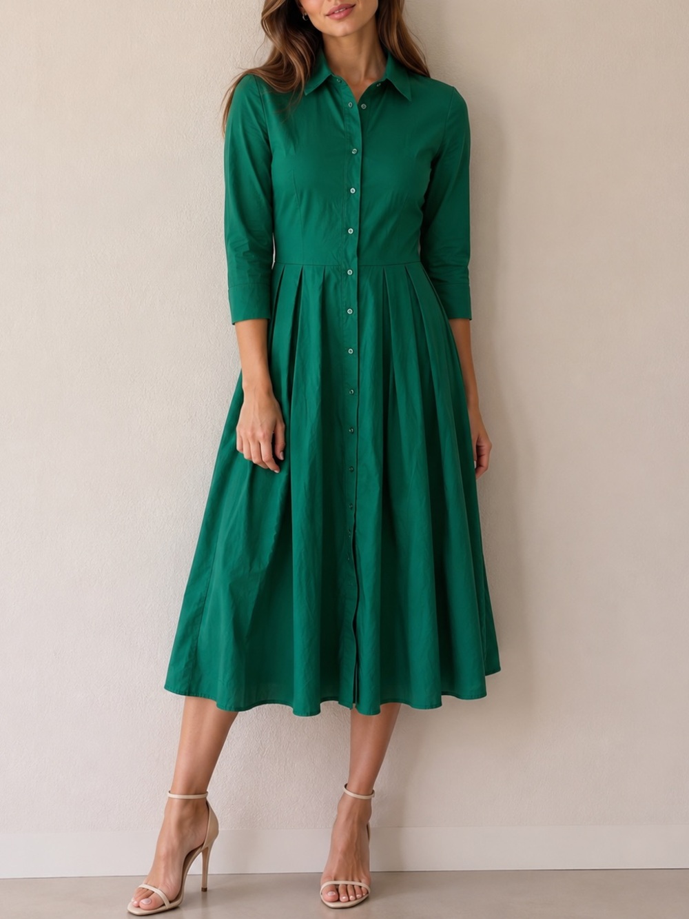 Shelight Cotton Shirt Midi Dress Size 6 Kelly Green A-Line Pockets Classic